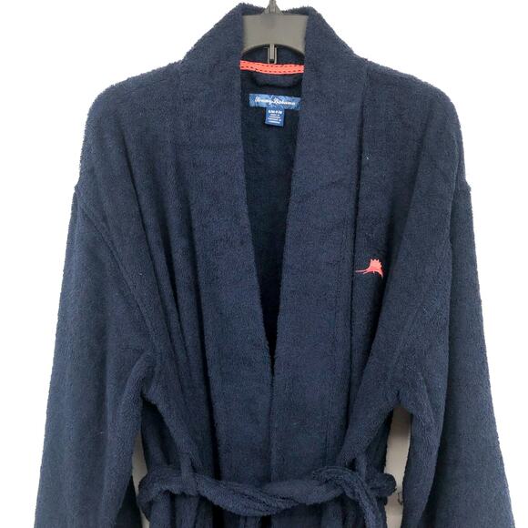 TOMMY BAHAMA Men's Cotton Terry Bath Robe Small Medium Navy Blue Logo Plush NWT - Picture 3 of 10